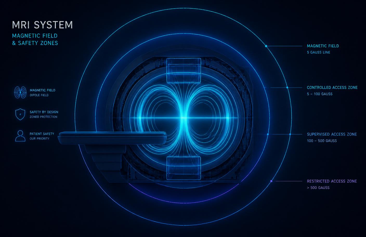 MRI magnetic field and safety zones diagram