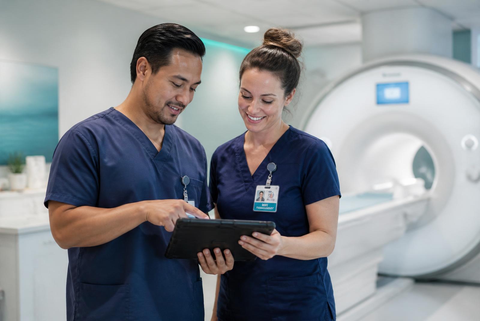 Two MRI technologists reviewing an implant screening on a tablet